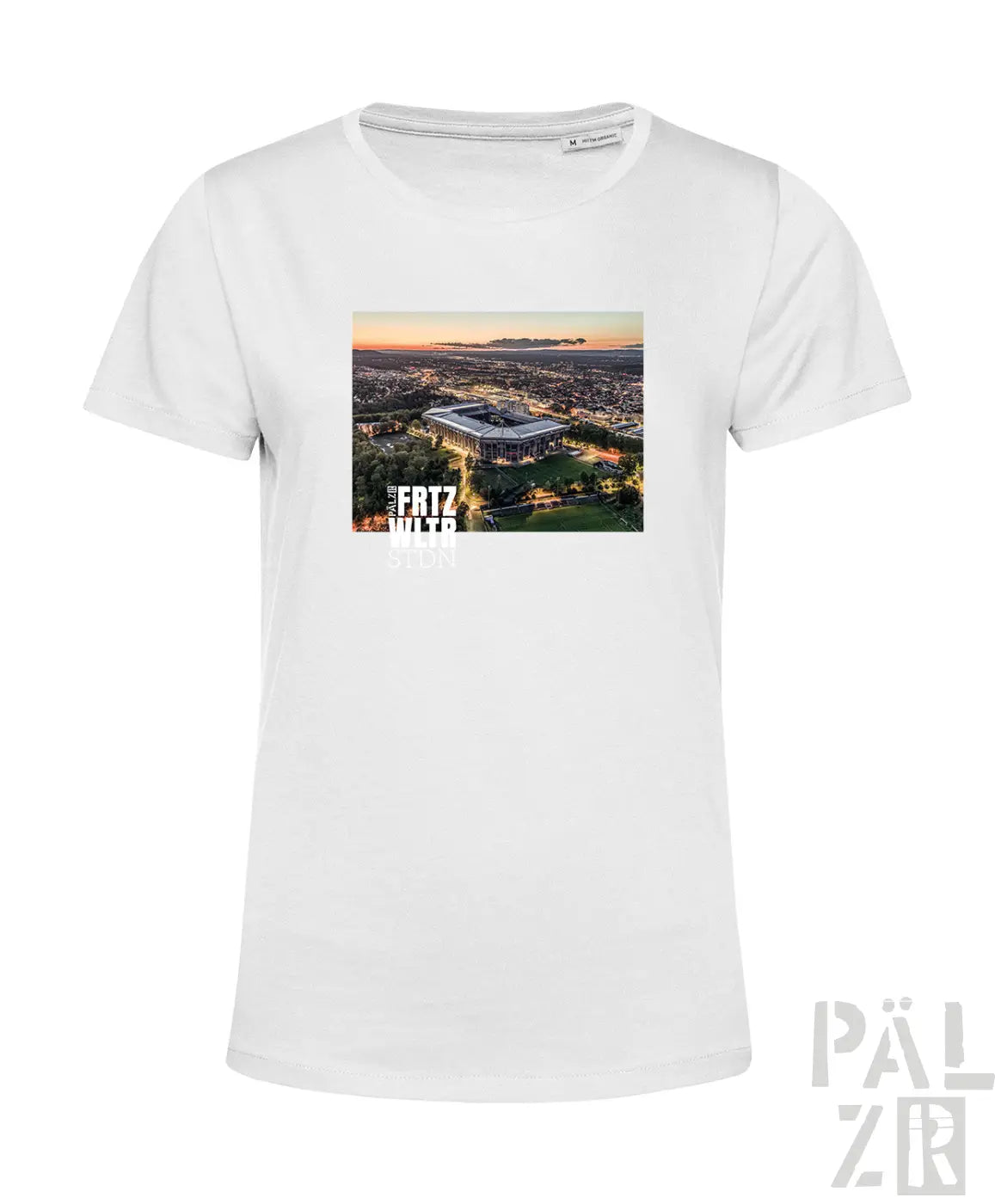 Weißes baumwollfrauen t-shirt mit gedrucktem fritz walter stadion bei sonnenuntergang und fritz walter text