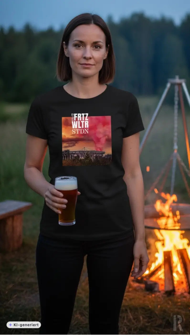 Schwarzes frauen t-shirt aus baumwolle mit quadratischem motiv von fritz wltra stdn und sonnenuntergang