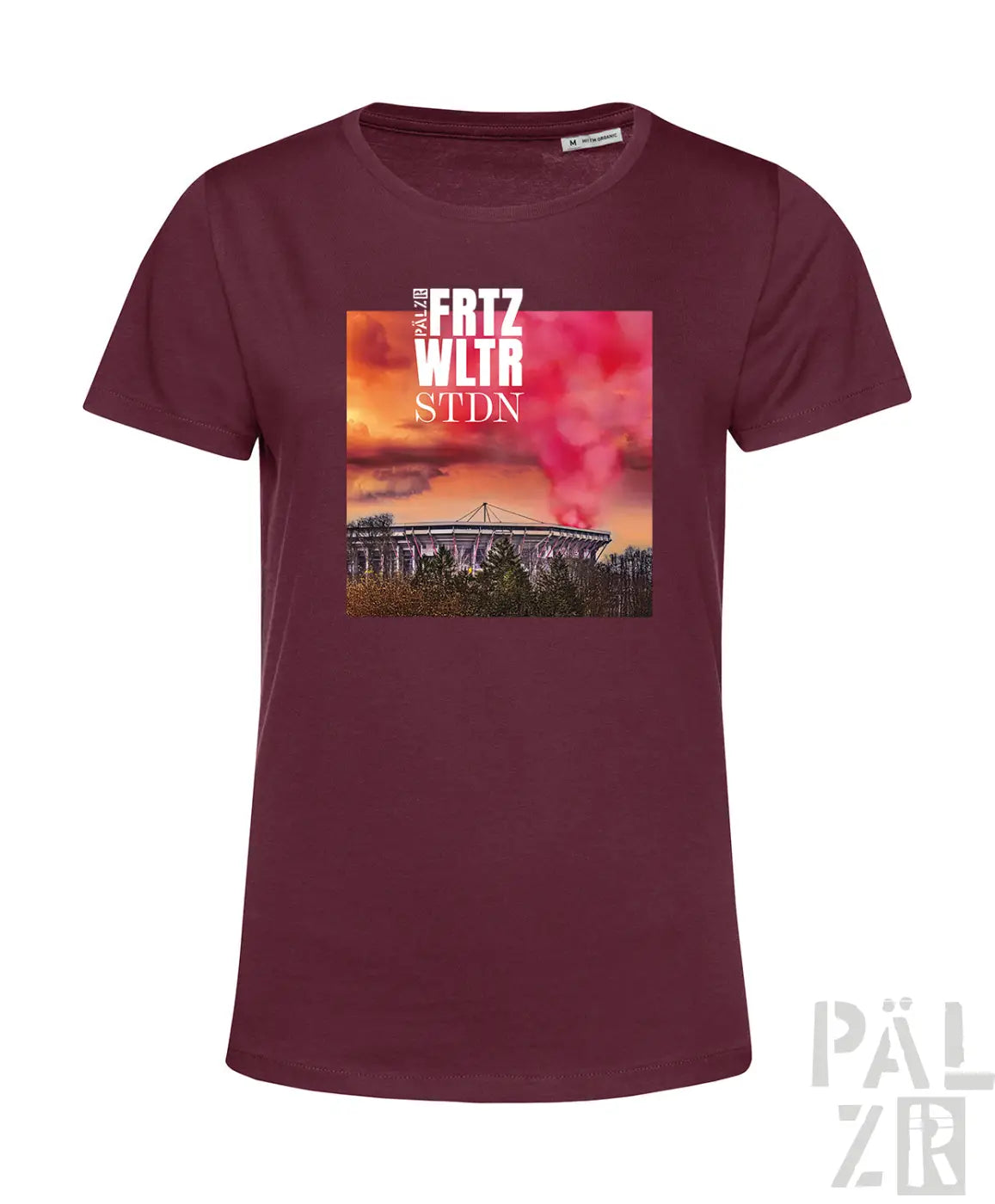 Frauen t-shirt aus baumwolle in maroon mit quadratischem stadionprint und text frtz wltr stdn in weiß