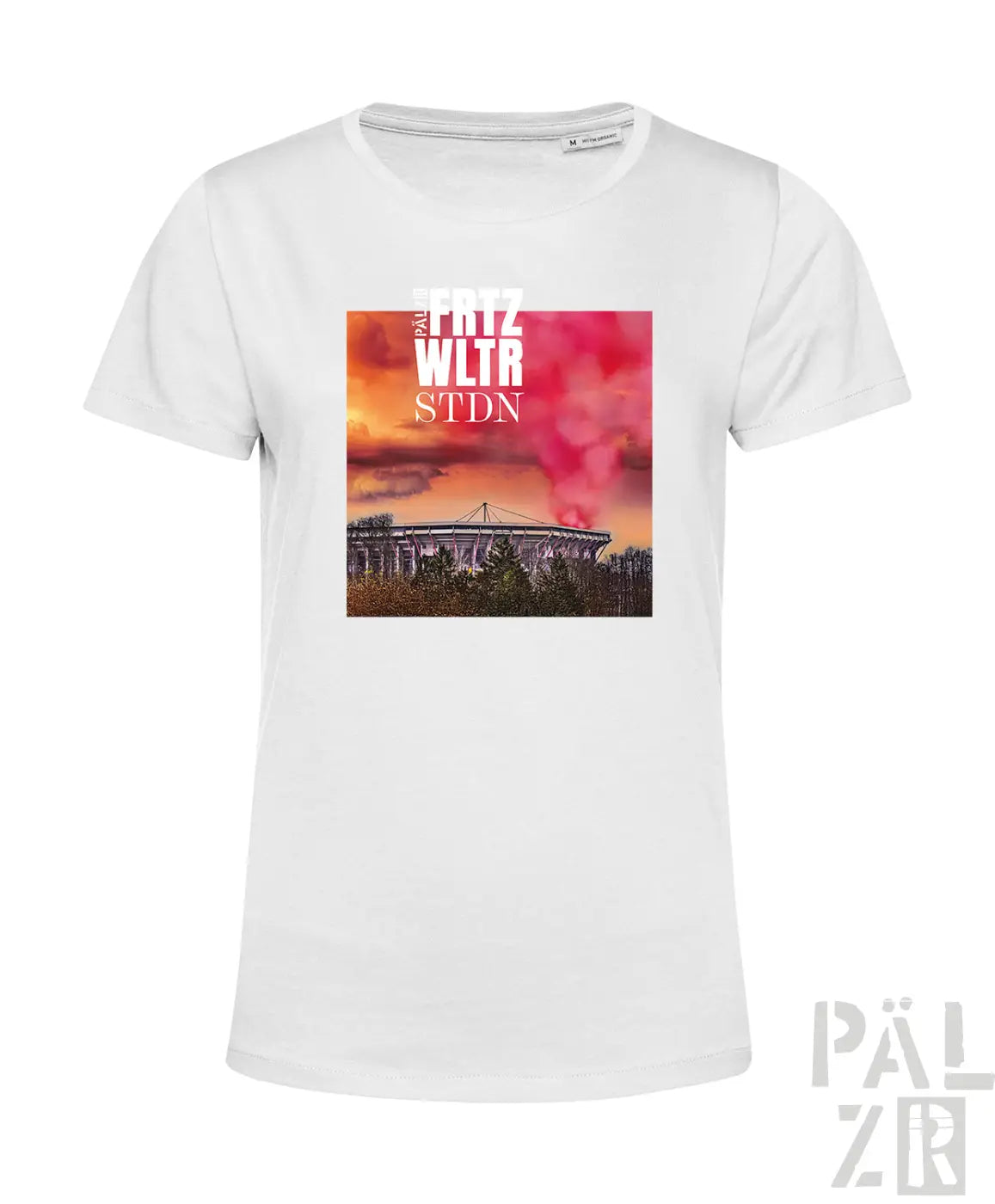 Weißes frauen t-shirt aus baumwolle mit leuchtendem stadiongrafikdruck und fett wltr stdn schriftzug