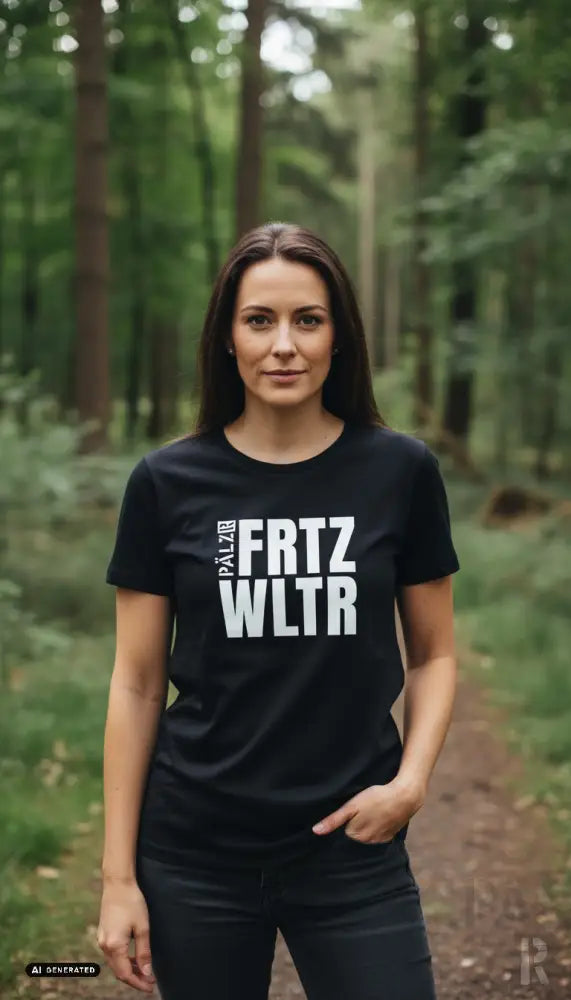 Schwarzes frauen t-shirt aus baumwolle mit auffälligem weißen schriftzug palab fritz wltr auf der brust