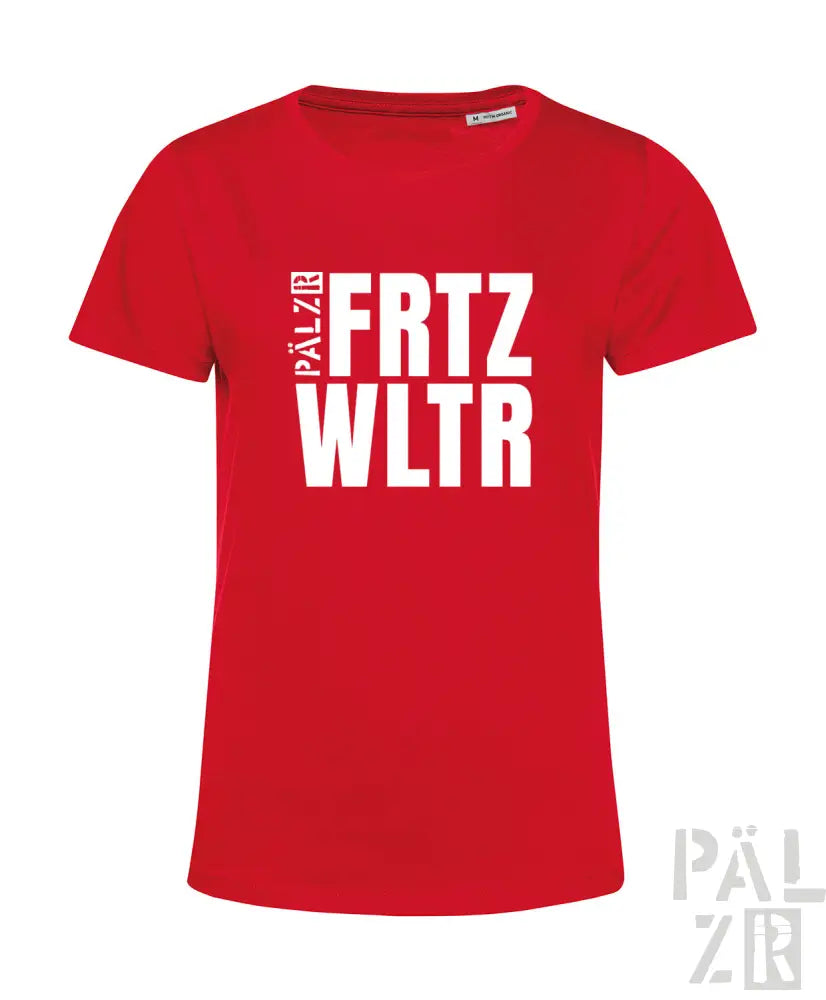 Rotes frauen t-shirt aus baumwolle mit fettem weißen fritz wltr schriftzug in verschiedenen farben verfügbar