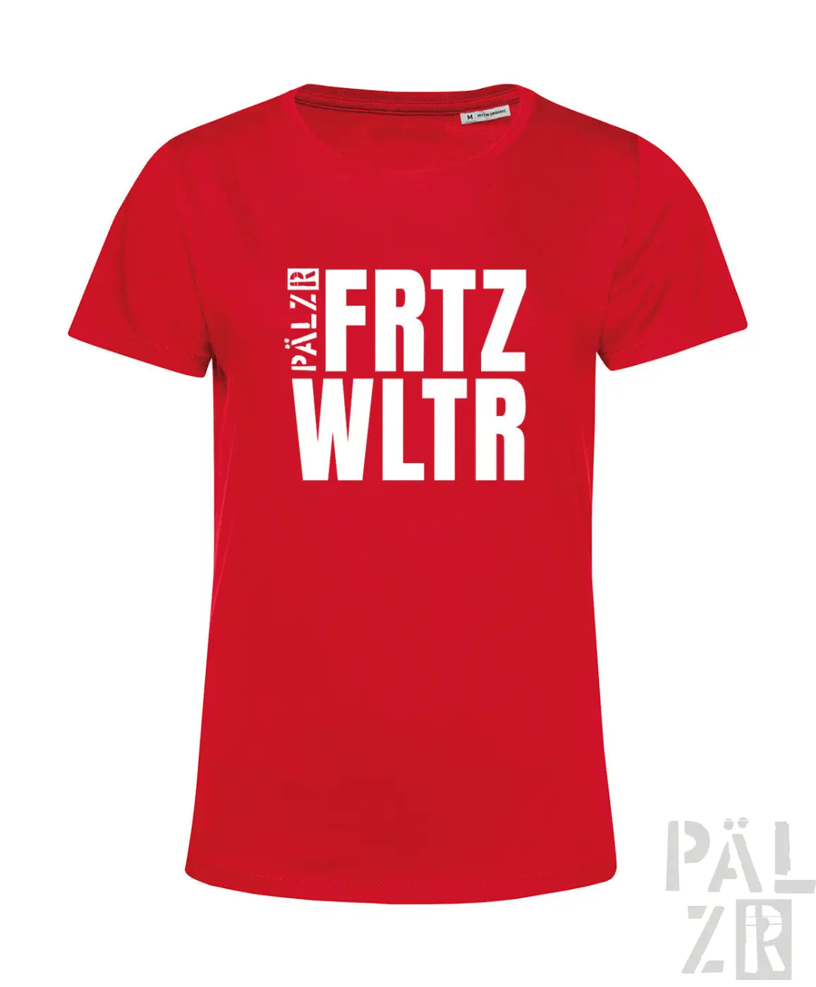 Rotes frauen t-shirt aus baumwolle mit fettem weißen fritz wltr schriftzug in verschiedenen farben verfügbar