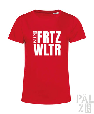Rotes frauen t-shirt aus baumwolle mit fettem weißen fritz wltr schriftzug in verschiedenen farben verfügbar