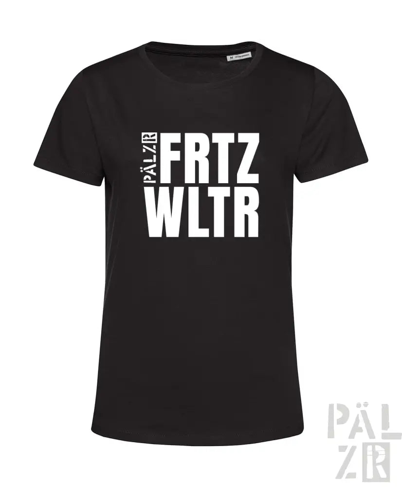 Schwarzes baumwoll-t-shirt frauen mit weißem fettem fritz wltr-logo und vertikalem pálzr-schriftzug links
