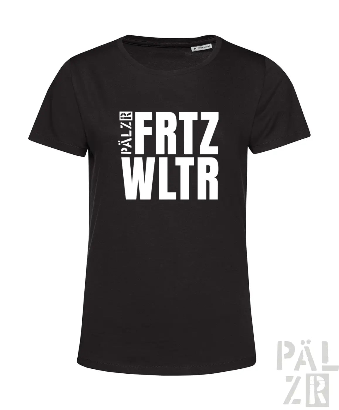 Schwarzes baumwoll-t-shirt frauen mit weißem fettem fritz wltr-logo und vertikalem pálzr-schriftzug links