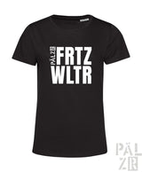 Schwarzes baumwoll-t-shirt frauen mit weißem fettem fritz wltr-logo und vertikalem pálzr-schriftzug links