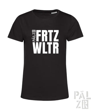 Schwarzes baumwoll-t-shirt frauen mit weißem fettem fritz wltr-logo und vertikalem pálzr-schriftzug links