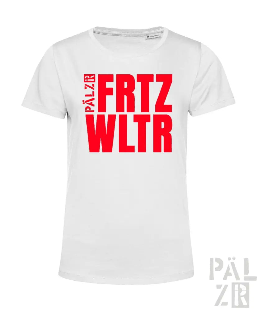 Weißes frauen t-shirt aus baumwolle mit fett gedrucktem roten blockschriftzug fritz und wltr plus pälzr seitlich