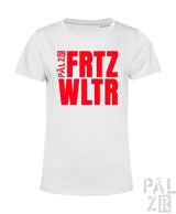 Weißes frauen t-shirt aus baumwolle mit fett gedrucktem roten blockschriftzug fritz und wltr plus pälzr seitlich