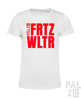Weißes frauen t-shirt aus baumwolle mit fett gedrucktem roten blockschriftzug fritz und wltr plus pälzr seitlich