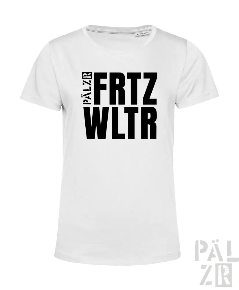 Weißes T-Shirt mit schwarzem Textdesign, das ’palzir frtz wltr’ und Logo zeigt.