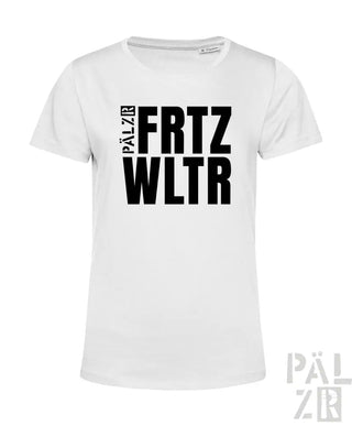 Weißes T-Shirt mit schwarzem Textdesign, das ’palzir frtz wltr’ und Logo zeigt.