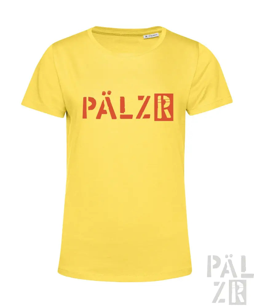 Gelbes T-Shirt mit ’pälzr’-Logo in rot-weißem Design, aus Baumwolle gefertigt.