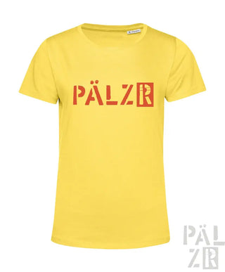 Gelbes T-Shirt mit ’pälzr’-Logo in rot-weißem Design, aus Baumwolle gefertigt.