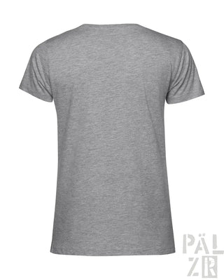 Heather grauer V-Ausschnitt T-Shirt mit subtiler gemusterter Textur und ’pälzer’ Logo auf dem Rücken.