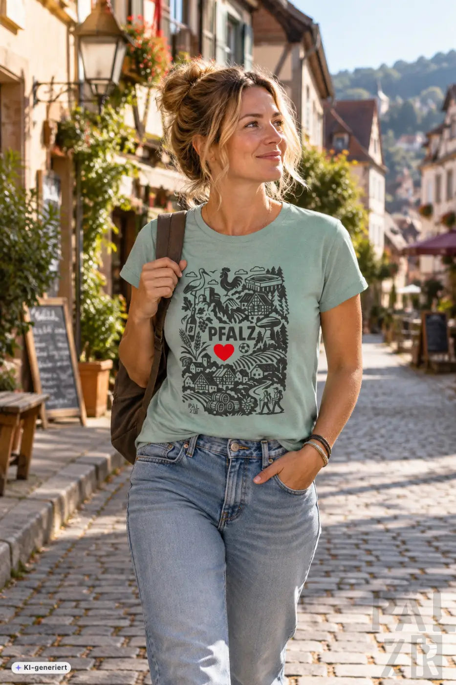 Frauen t-shirt herzlich pälzisch in hellgrün mit schwarzem pfalz design und rotem herz rural motiv