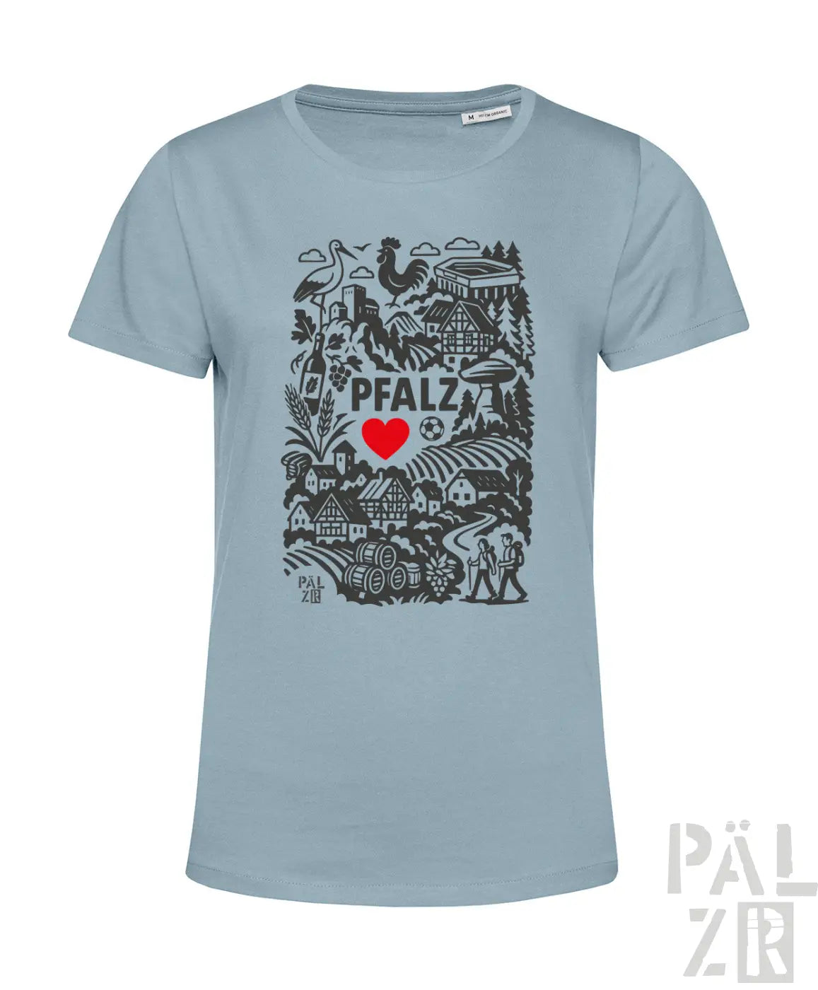 Frauen t-shirt in hellblau mit schwarzem pfalz design und rotem herz in der mitte aus verschiedenen farben