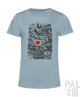 Frauen t-shirt in hellblau mit schwarzem pfalz design und rotem herz in der mitte aus verschiedenen farben