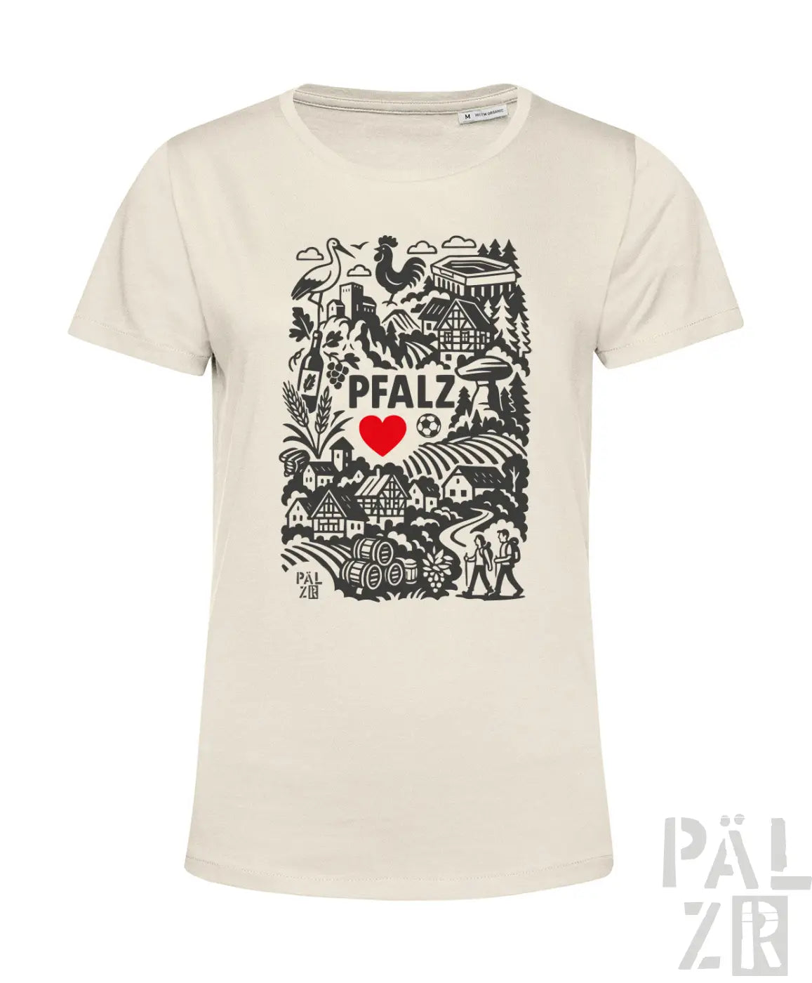 Creamfarbenes frauen t-shirt mit schwarzem pfalz region design und rotem herz mit pfalz schriftzug