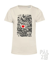 Creamfarbenes frauen t-shirt mit schwarzem pfalz region design und rotem herz mit pfalz schriftzug