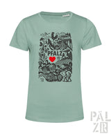 Frauen mintgrünes kurzarmshirt mit schwarzem pfalz illustration und rotem herz herzlich pälzisch text