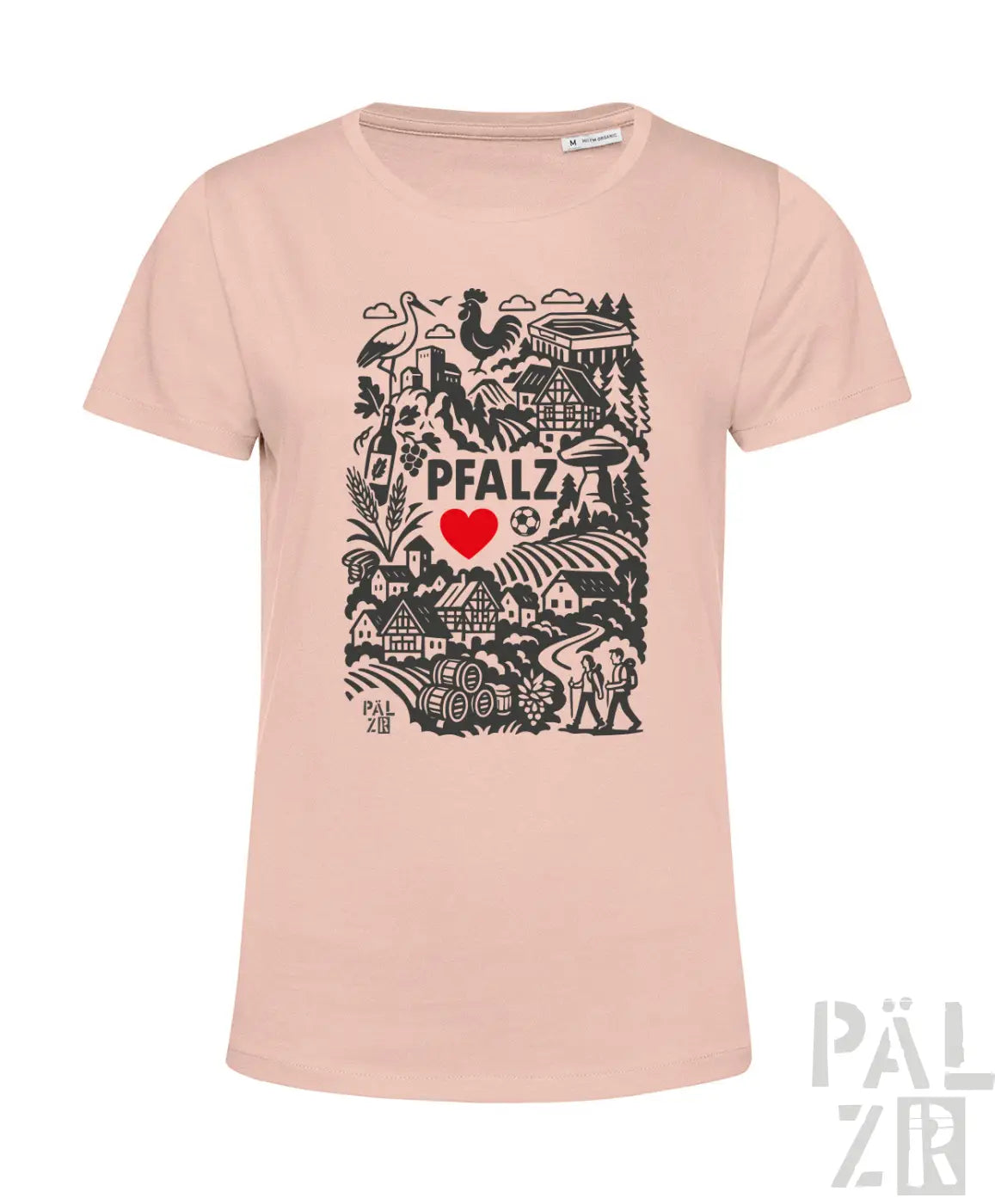 Weiches rosa damen t-shirt mit schwarzen pfalz design und rotem herz in verschiedenen farben erhältlich