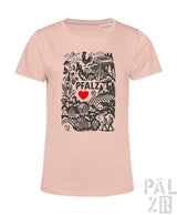 Weiches rosa damen t-shirt mit schwarzen pfalz design und rotem herz in verschiedenen farben erhältlich
