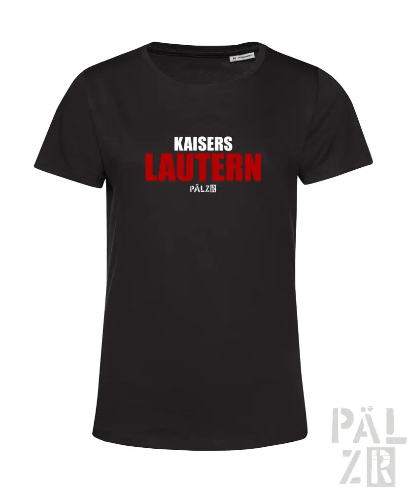 Schwarzes T-Shirt mit „kaisers lautern“-Text in Rot und Weiß, mit dem Markenlogo pälzr.