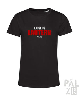Schwarzes T-Shirt mit „kaisers lautern“-Text in Rot und Weiß, mit dem Markenlogo pälzr.