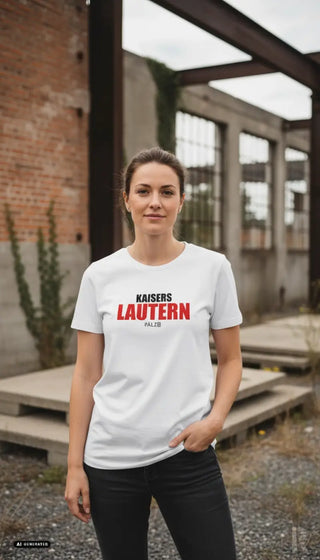 Weißes frauen t-shirt aus baumwolle mit rotem kaisers lautern schriftzug und schwarzem palz darunter