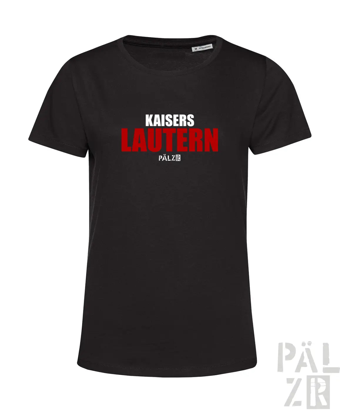 Schwarzes kurzarm frauen t-shirt aus baumwolle mit kaisers lautern in rot und weiß auf der brust
