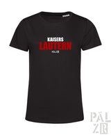 Schwarzes kurzarm frauen t-shirt aus baumwolle mit kaisers lautern in rot und weiß auf der brust