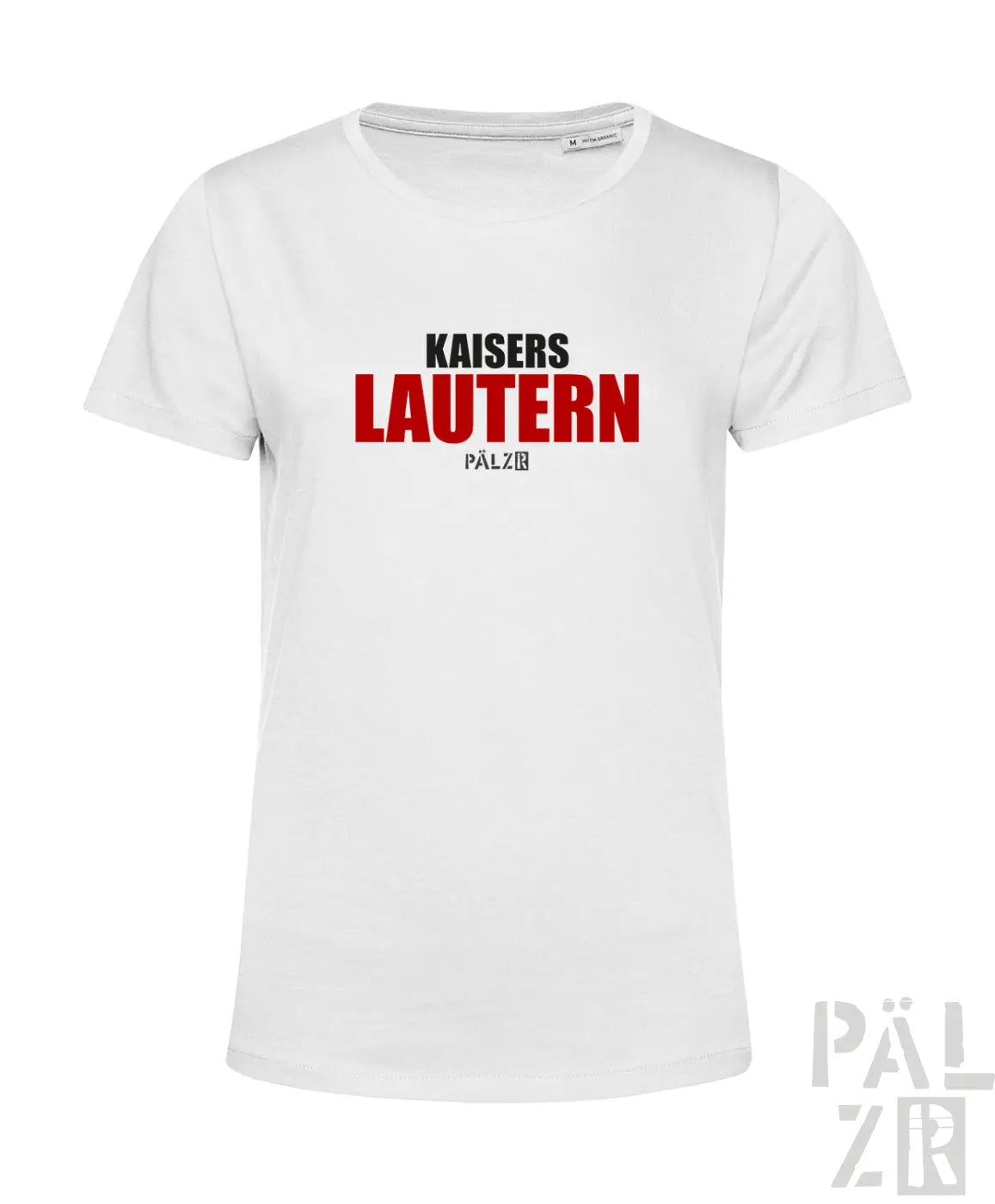 Weißes baumwoll-frauen-t-shirt mit kräftigem rot-schwarzem kaisers lautern pälz print auf der brust
