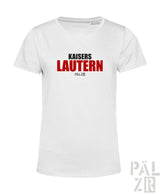 Weißes baumwoll-frauen-t-shirt mit kräftigem rot-schwarzem kaisers lautern pälz print auf der brust