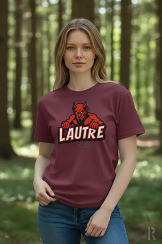 Bordeaux-Farbenes T-Shirt mit Teufel-Grafik und ’lautre’-Text, Baumwollmaterial.