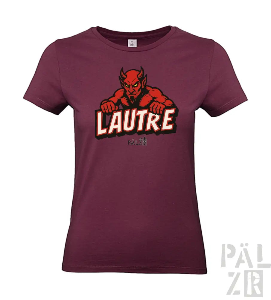 Maroon T-Shirt mit Teufel-Design und Text ’lautre’ in Weiß, Rot, Schwarz und Gelb.