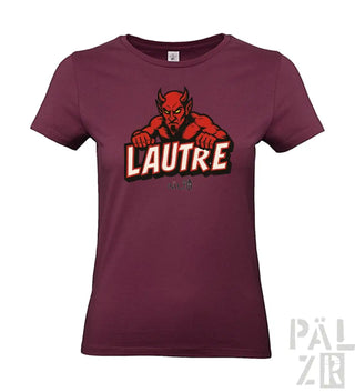 Maroon T-Shirt mit Teufel-Design und Text ’lautre’ in Weiß, Rot, Schwarz und Gelb.