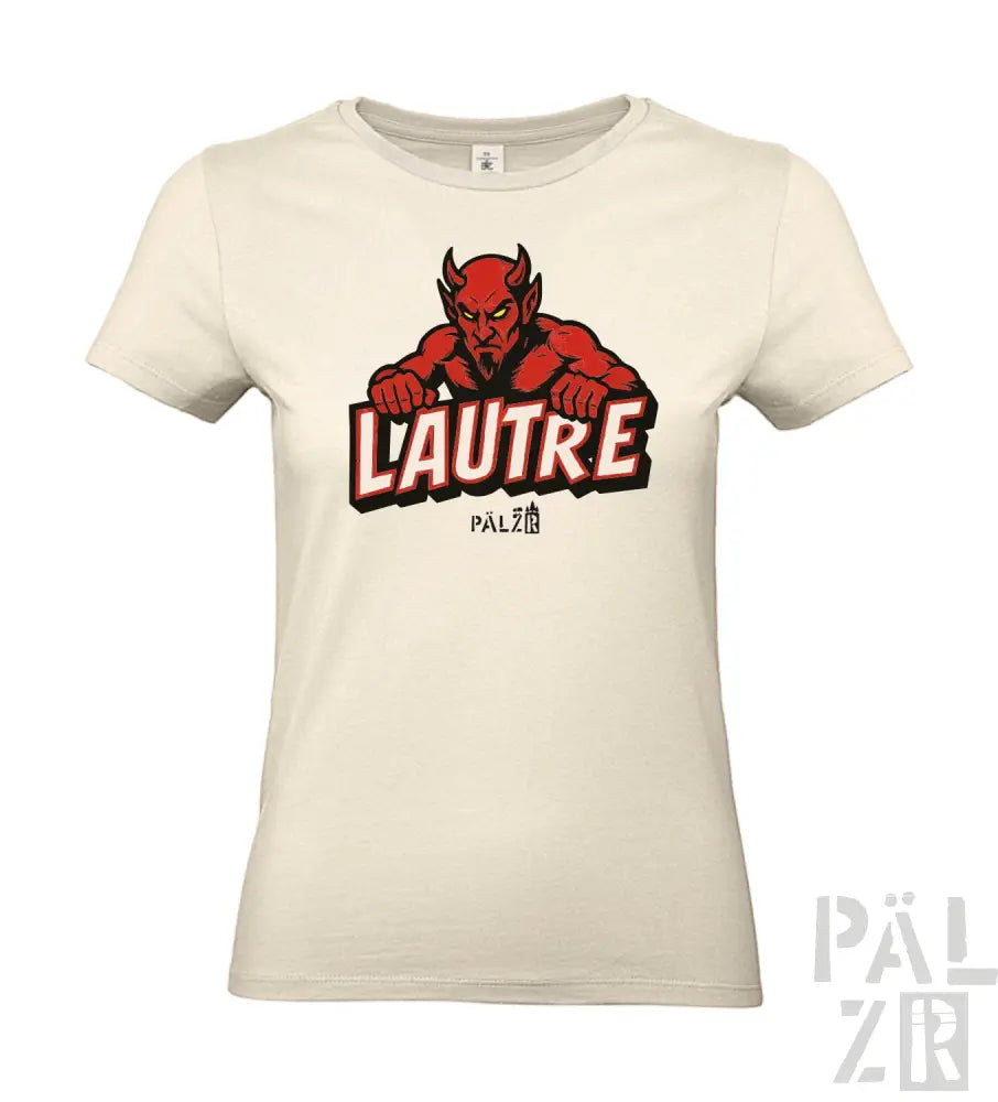 Cremeweißes T-Shirt mit rotem Teufel-Grafik und Text „l’autre“ in fetter, weißer Schrift.