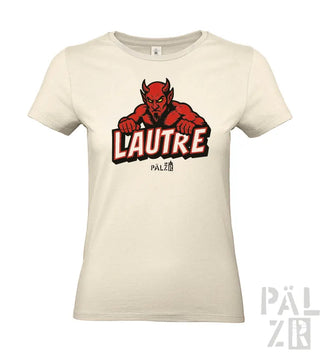 Cremeweißes T-Shirt mit rotem Teufel-Grafik und Text „l’autre“ in fetter, weißer Schrift.