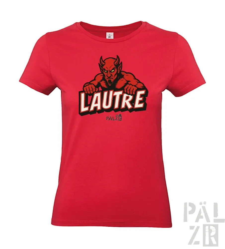 Rotes T-Shirt mit Teufel-Design und ’lautre’-Text, Baumwollmaterial.