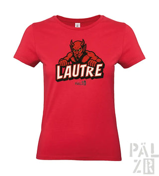 Rotes T-Shirt mit Teufel-Design und ’lautre’-Text, Baumwollmaterial.