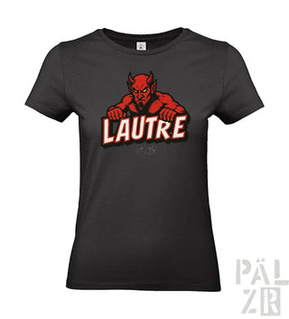 Schwarzes T-Shirt mit rotem Teufel-Design und weißem Text „lautre“ auf der Vorderseite.