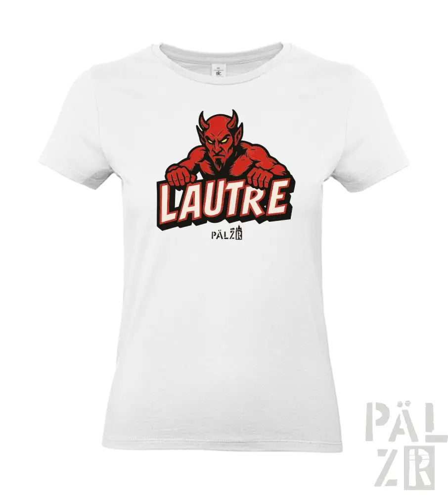 Weißes T-Shirt mit rotem Teufel-Design und ’l’autre’-Text, pal 20 Logo.