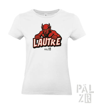 Weißes T-Shirt mit rotem Teufel-Design und ’l’autre’-Text, pal 20 Logo.