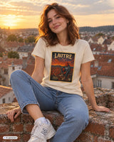 Frauen t-shirt aus baumwolle in creme mit vintage lautre grafik und sonnenuntergang urban artprint in 2 farben