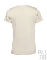 Cremeweißes kurzärmeliges T-Shirt mit V-Ausschnitt und ’pälzr’-Logo auf dem Rücken.