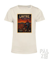 Cremeweißes T-Shirt mit Grafikdesign, das eine Figur und das Wort ’lautre’ in fetten Buchstaben zeigt.