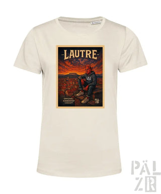 Cremeweißes T-Shirt mit Grafikdesign, das eine Figur und das Wort ’lautre’ in fetten Buchstaben zeigt.