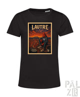Schwarzes T-Shirt mit Grafikdesign, das eine Figur und Sonnenuntergang zeigt, aus Baumwolle gefertigt.
